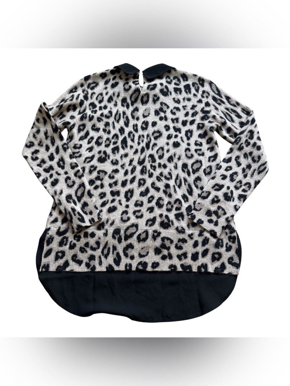 Adrianna Papell 100% Cashmere Leopard Print Collared Layered Hem Sweater XS Cozy - Picture 8 of 9